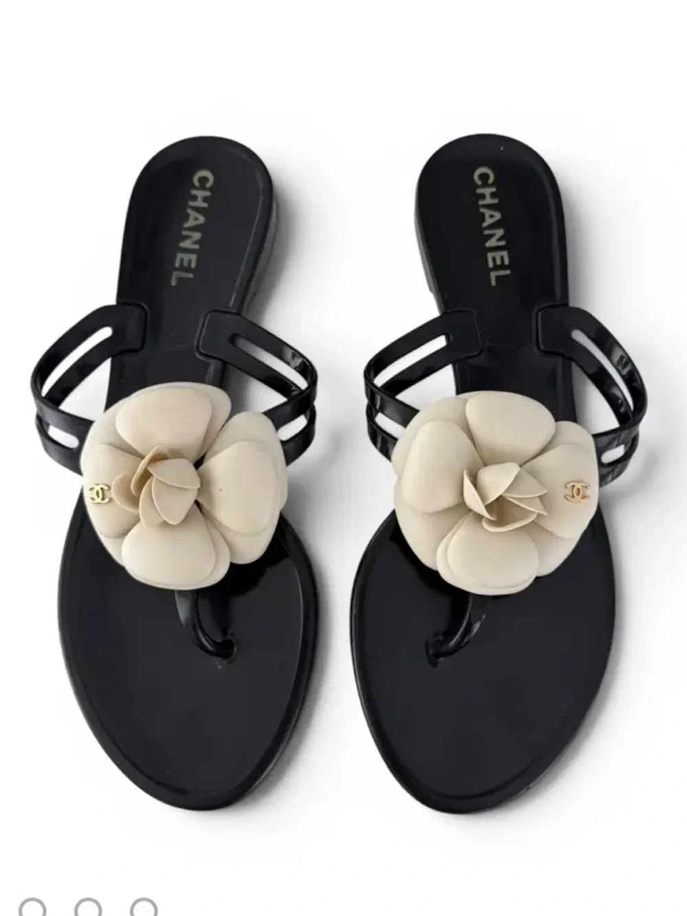 CHANEL Black Sandals with Cream Camellia Floral Accent